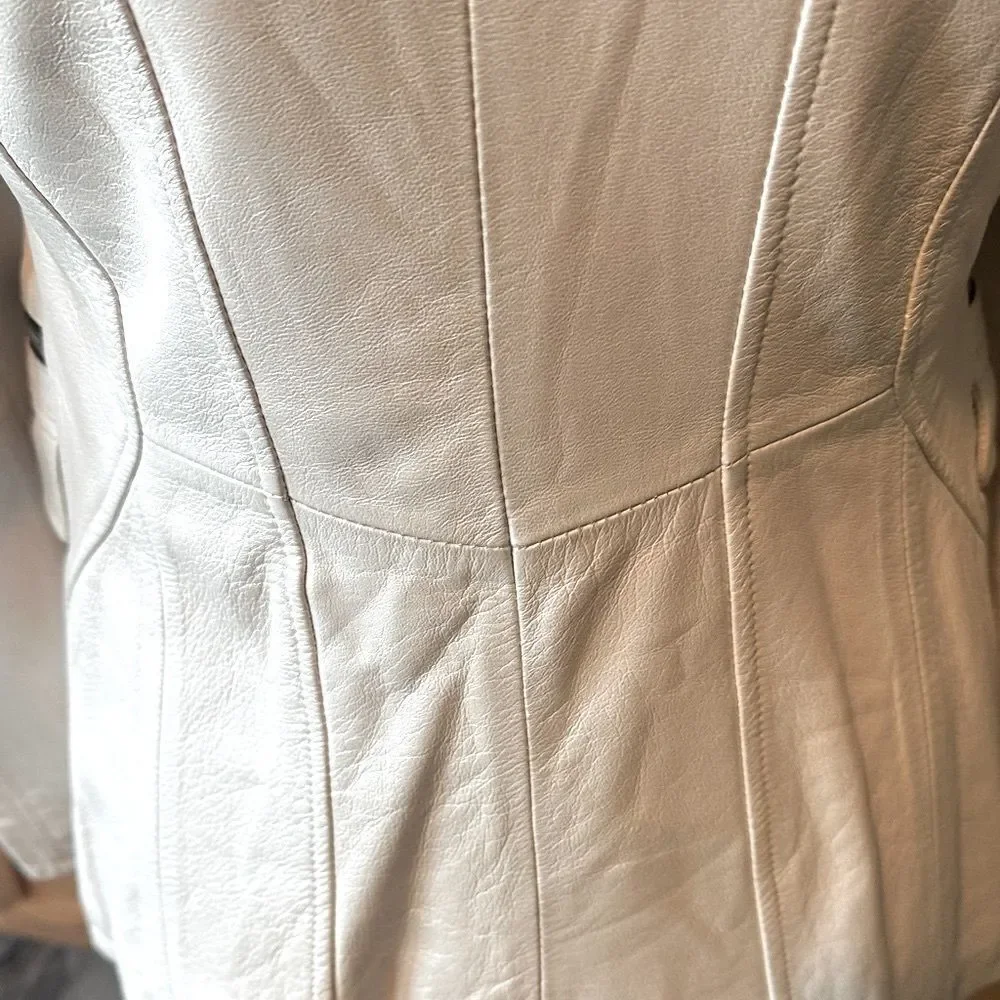 Dawn Levy Cream Pearl Designer Leather Jacket with Black Accents